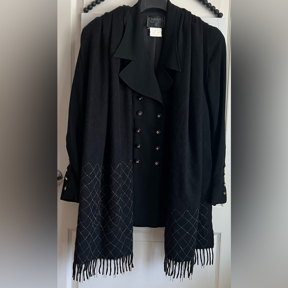 CHANEL 100% Cashmere Black Long Scarf Wrap Beaded Embroidered CC Fringe RARE 84"